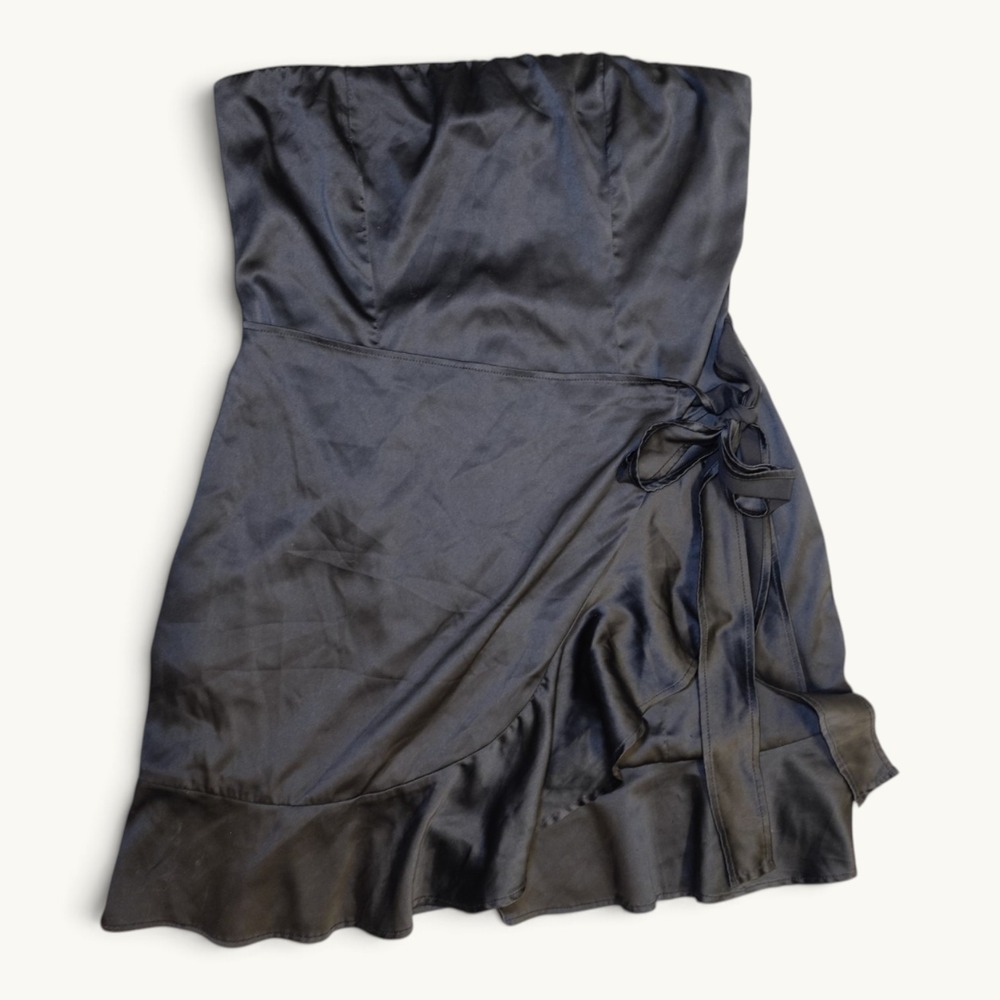 Princess Polly Cottage Hill Black Satin‎ Wrap Ruffle Mini Dress Size 8
